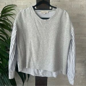 LOFT Grey Blue Stripe Mixed Media Oversized Top Size M